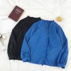 Plain V-neck Single-breasted Ruffled-trim Long-sleeve Top