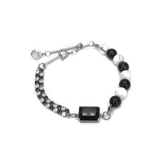 Rhinestone Faux Gemstone Bead Stainless Steel Bracelet Black & White & Silver - One Size