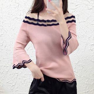 Wave Trim Bell-sleeve Off-shoulder Knit Top