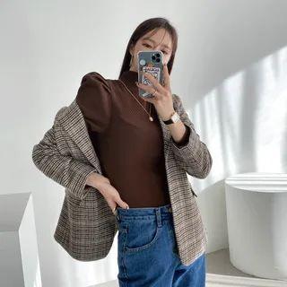 Puff-sleeve Mock-neck Ribbed Top