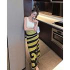 Striped Knit Maxi Pencil Knit Dress White & Green & Black - One Size