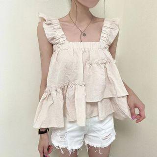 Sleeveless Ruffle Gingham Blouse