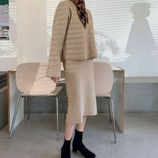 Set: Round-neck Drop-shoulder Knit Top + H-line Midi Skirt