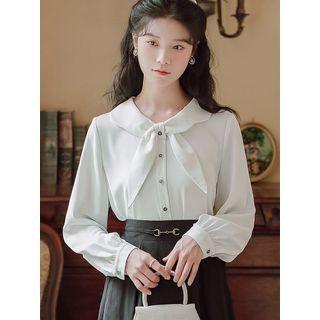 Bow-neck Plain Blouse / Midi A-line Skirt / Set