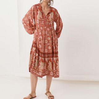 Long-sleeve Patterned Tasseled Midi A-line Dress