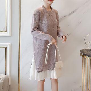 Mock Two-piece Pleated Panel Sweater Dress Light Purple - One Size