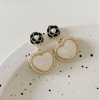 Flower Heart Faux Pearl Glaze Dangle Earring