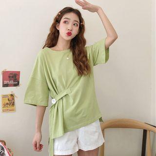 Button Waist Elbow-sleeve T-shirt