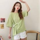 Button Waist Elbow-sleeve T-shirt