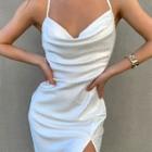 Cowl-neck Strappy Slit Midi Sheath Dress