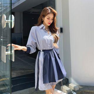 Set: Contrast-cuff Stripe Shirtdress + Wrap Skirt