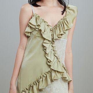 Spaghetti Strap Ruffle Trim Lace Panel Mini A-line Dress