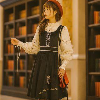 Cat Embroidered Lace Trim Midi Pinafore Dress