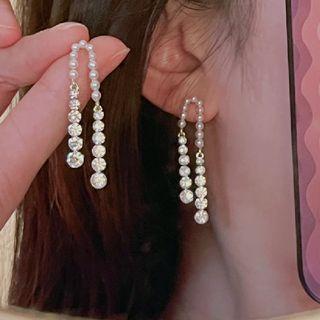 Rhinestone Faux Pearl Fringed Earring 1 Pair - White & Transparent - One Size