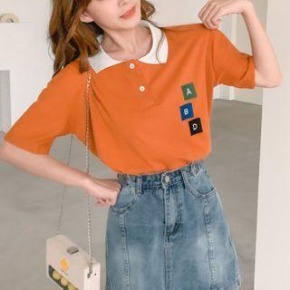 Elbow-sleeve Letter Embroidered Polo Shirt