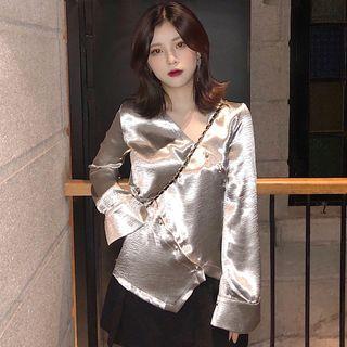 Long-sleeve Asymmetric Hem Top Silver - One Size