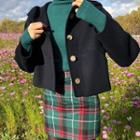 Button Jacket / Long-sleeve Top / Plaid Mini A-line Skirt