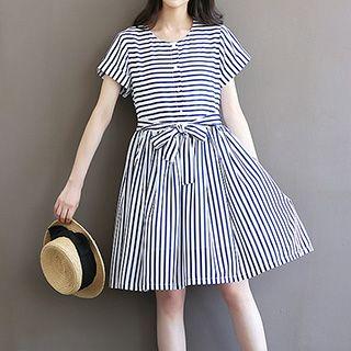 Stripe Tie-waist Short-sleeve Dress