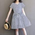 Stripe Tie-waist Short-sleeve Dress