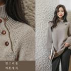 Buttoned Mock-neck Wool Blend Sweater