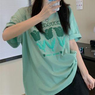 Short-sleeve Floral Print T-shirt Floral Print - Green - One Size