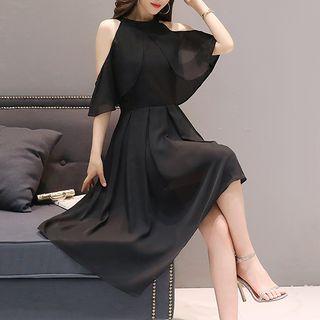 Cold Shoulder Asymmetric Midi Chiffon Dress
