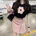 Short-sleeve Flower Print T-shirt / Asymmetrical Mini A-line Skirt