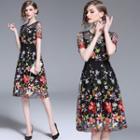 Short-sleeve Floral A-line Mesh Dress
