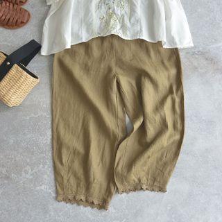 Drawstring Plain Lace Trim Wide-leg Pants