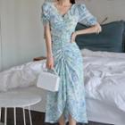Drawstring Flower Print Short-sleeve Midi Sheath Dress