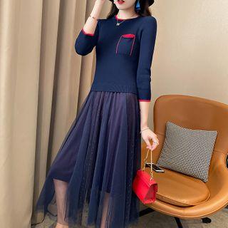 3/4-sleeve Midi A-line Mesh Dress