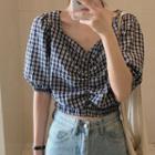 Elbow-sleeve Crinkled Cropped Plaid Top Blue - One Size