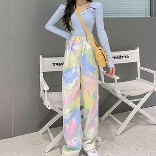 High-waist Tie-dye Print Wide-leg Pants / Long-sleeve Plain T-shirt