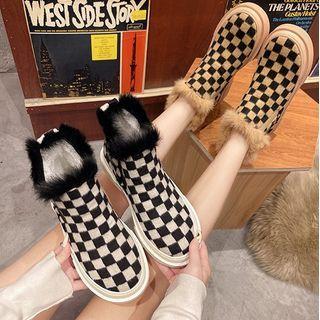 Checkerboard Fluffy Trim Short Boots