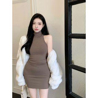 Sleeveless Turtleneck Sheath Dress Khaki - One Size