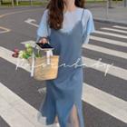 Set: Elbow-sleeve T-shirt + Mesh Trim Midi A-line Pinafore Dress