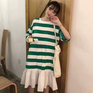 Color Panel Striped 3/4 Sleeve Midi Dress