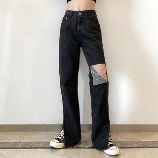 Distressed Side-slit Wide-leg Jeans
