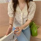 Puff-sleeve Floral Print Eyelet Lace Collar Blouse