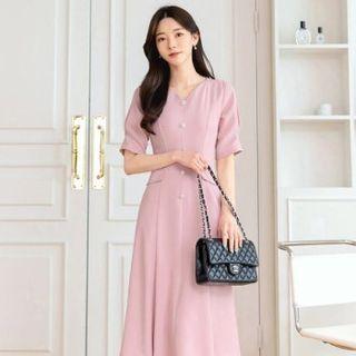 V-neck Flap Faux-pearl Midi Dress