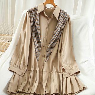 Set: Long-sleeve Pleated A-line Shirtdress + Plaid Shawl