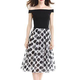 Off-shoulder Printed Midi A-line Dress