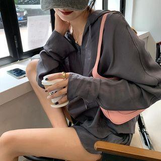 Set: Long-sleeve Plain Hooded Jacket + High-waist Plain Sweatshorts