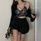 Plain Cropped Cardigan / Cropped Lace Camisole Top / Elastic-waist Bubble Shorts