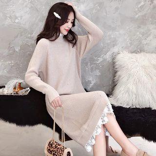 Mock Two-piece Long-sleeve Mock Neck Lace-trim Midi Knit Dress