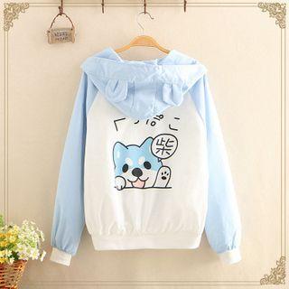 Dog Print Ear-accent Hood Color-block Jacket