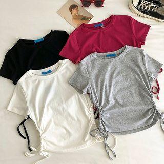 Plain Crewneck Drawcord Short-sleeve T-shirt