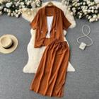 Set Of 3 : Short-sleeve Blazer + Suspender Plain Tank Top + High-waist Drawstring Slit Maxi Skirt