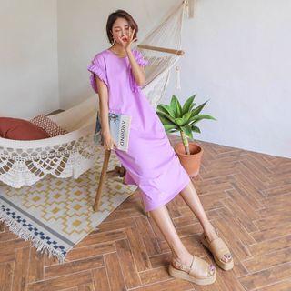 Round-neck Frilled-detail Midi Dress