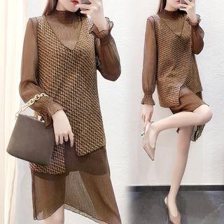 Set: Long-sleeve Mock Neck Mini Dress + Asymmetric Knit Vest